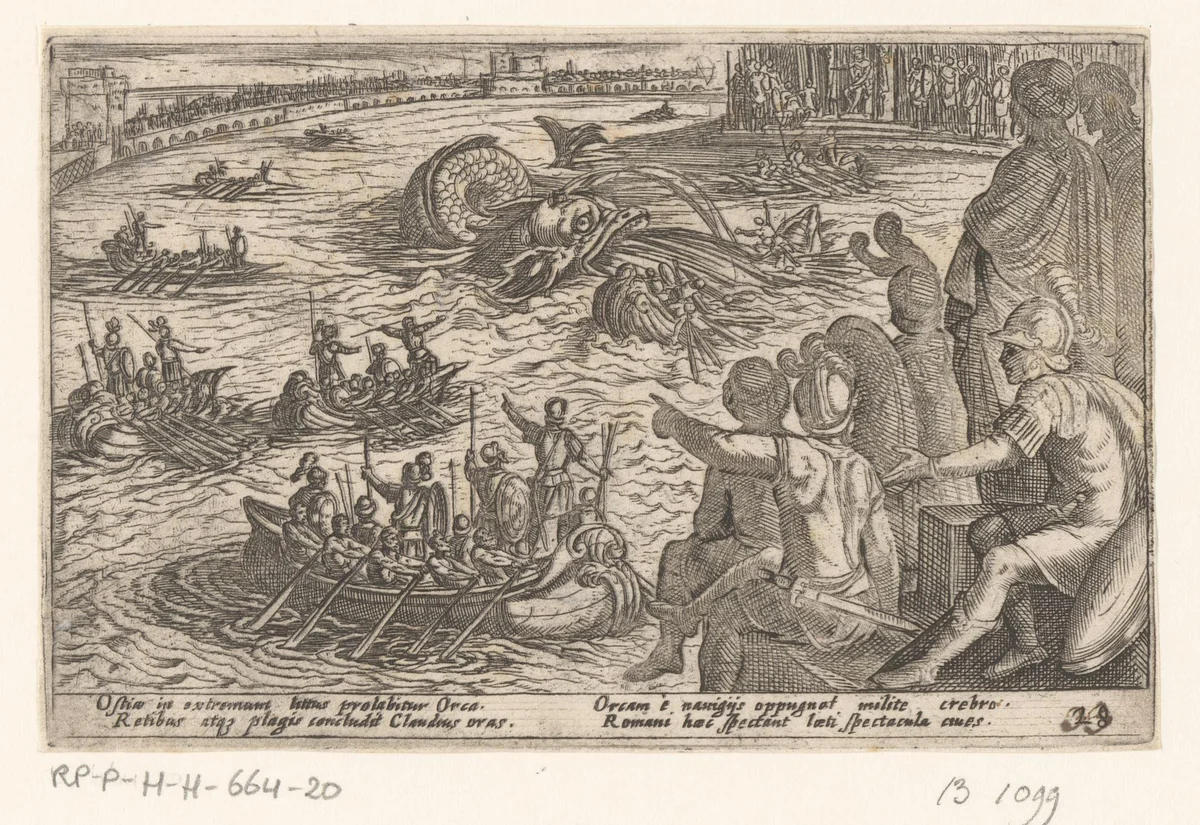 Romeinen vechten tegen een zeemonster by Antonio Tempesta, print, 1605