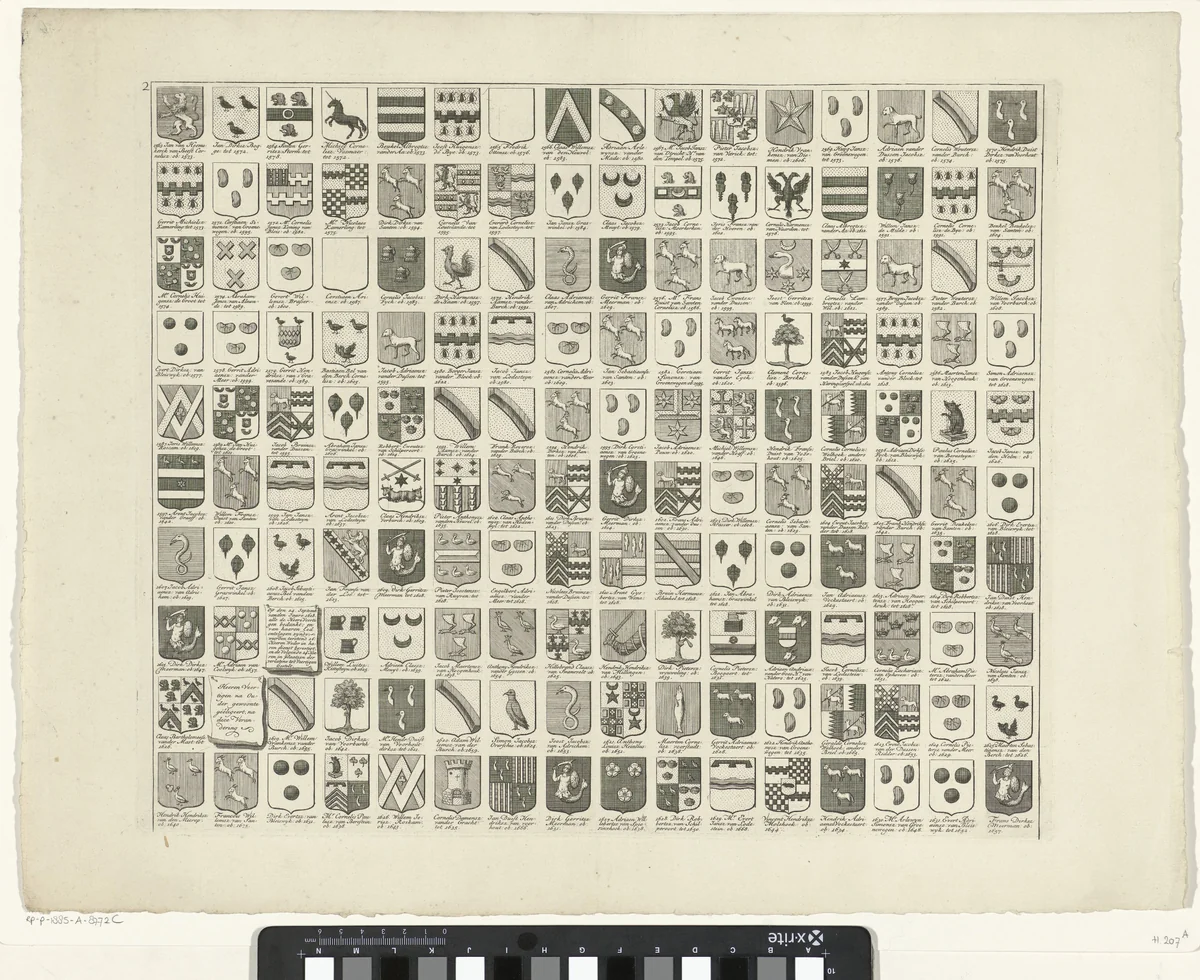 Wapenkaart met de wapens en namen van de Heren Veertigen van Delft, 2 by Hendrik de Leth, print, 1738