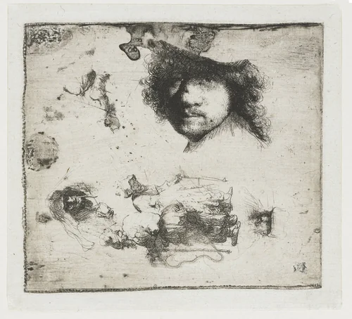 Sheet of Studies, with a Self-portrait, a Beggar Couple, and Heads of an Old Man and Old Woman by Rembrandt van Rijn, print, 1632
