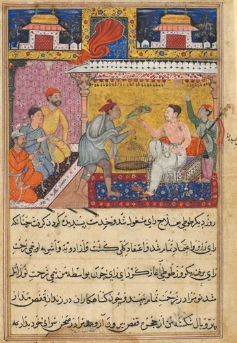 The hunter offers the mother parrot to the king of Kamarupa, from a Tuti-nama (Tales of a Parrot): Fifth Night by Basavana, painting, 1555-1565