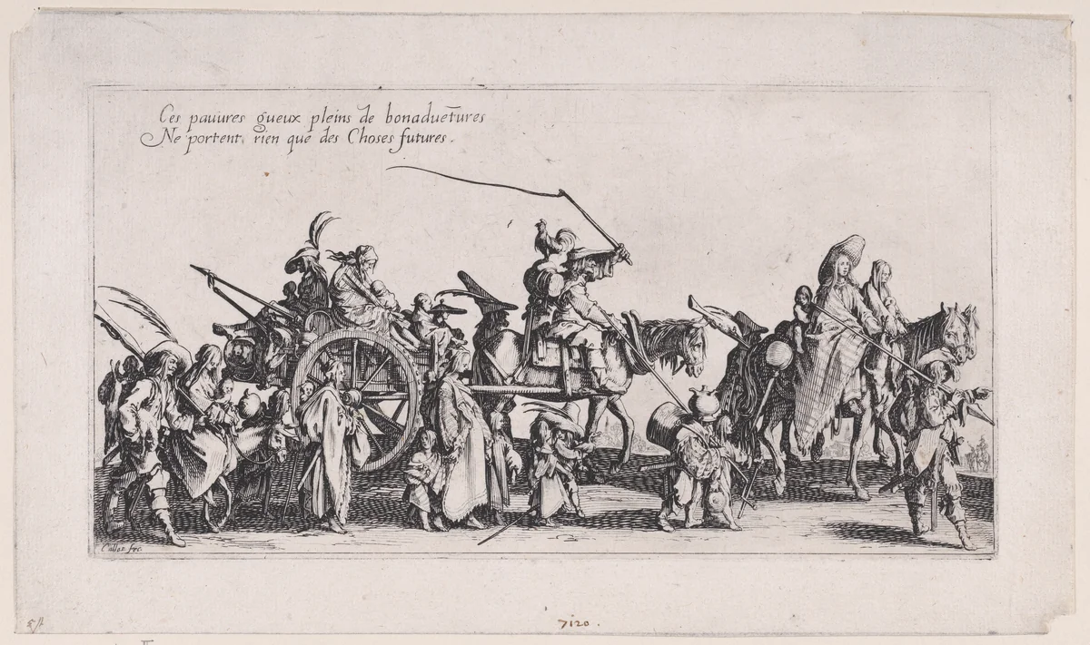 Les Bohémiens en Marche: L'Arrière-Garde, pièce aussi appelée Le Départ (The Gypsies Travelling: The Rear Guard, also called The Departure), from Le Bohémiens, série appelée aussi Les Égyptiens, La Marche des Bohémiens, La Vie Errante des Bohémiens, Les Marches Égyptiennes (The Gypsies, series also called The Egyptiens, The Gypsy Troops, The Wandering Lives of Gypsies, The Egyptian Troops) by Jacques Callot, print, 1610-1635