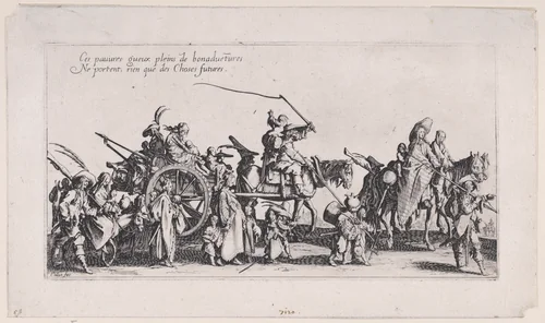 Les Bohémiens en Marche: L'Arrière-Garde, pièce aussi appelée Le Départ (The Gypsies Travelling: The Rear Guard, also called The Departure), from Le Bohémiens, série appelée aussi Les Égyptiens, La Marche des Bohémiens, La Vie Errante des Bohémiens, Les Marches Égyptiennes (The Gypsies, series also called The Egyptiens, The Gypsy Troops, The Wandering Lives of Gypsies, The Egyptian Troops) by Jacques Callot, print, 1610-1635