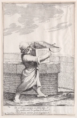 Plate 8: Bertoldino, enraged by the croaking frogs, throws his strongbox into the fish pond, from "Bertoldo, Bertoldino, and Cacasenno" by Giuseppe Maria Crespi, print, 1705-1715