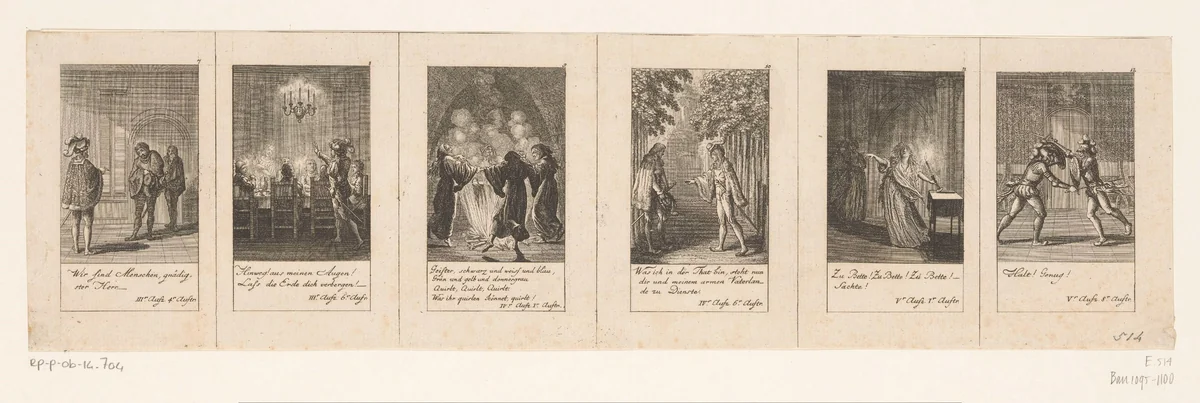 Zes voorstellingen uit Shakespeares Macbeth by Daniel Nikolaus Chodowiecki, print, 1784