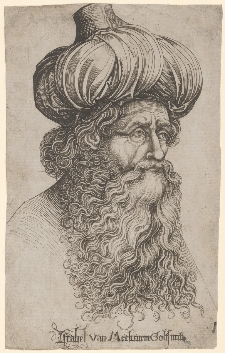 Head of an Elderly Man with a Long Beard and Turban by Israhel van Meckenem, print, 1435-1503