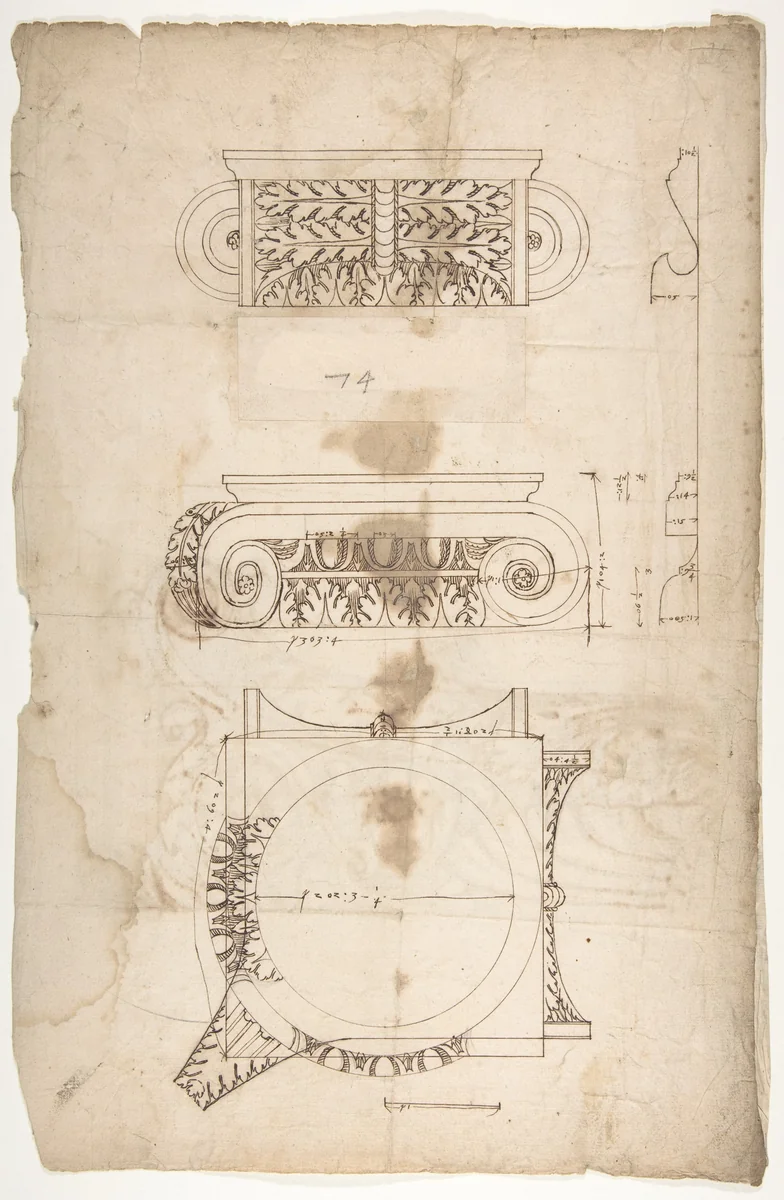 Temple of Portonus, capital, elevations and plan (recto) Unidentified, capital, elevation (verso) by anonymous, drawing, 1500-1560