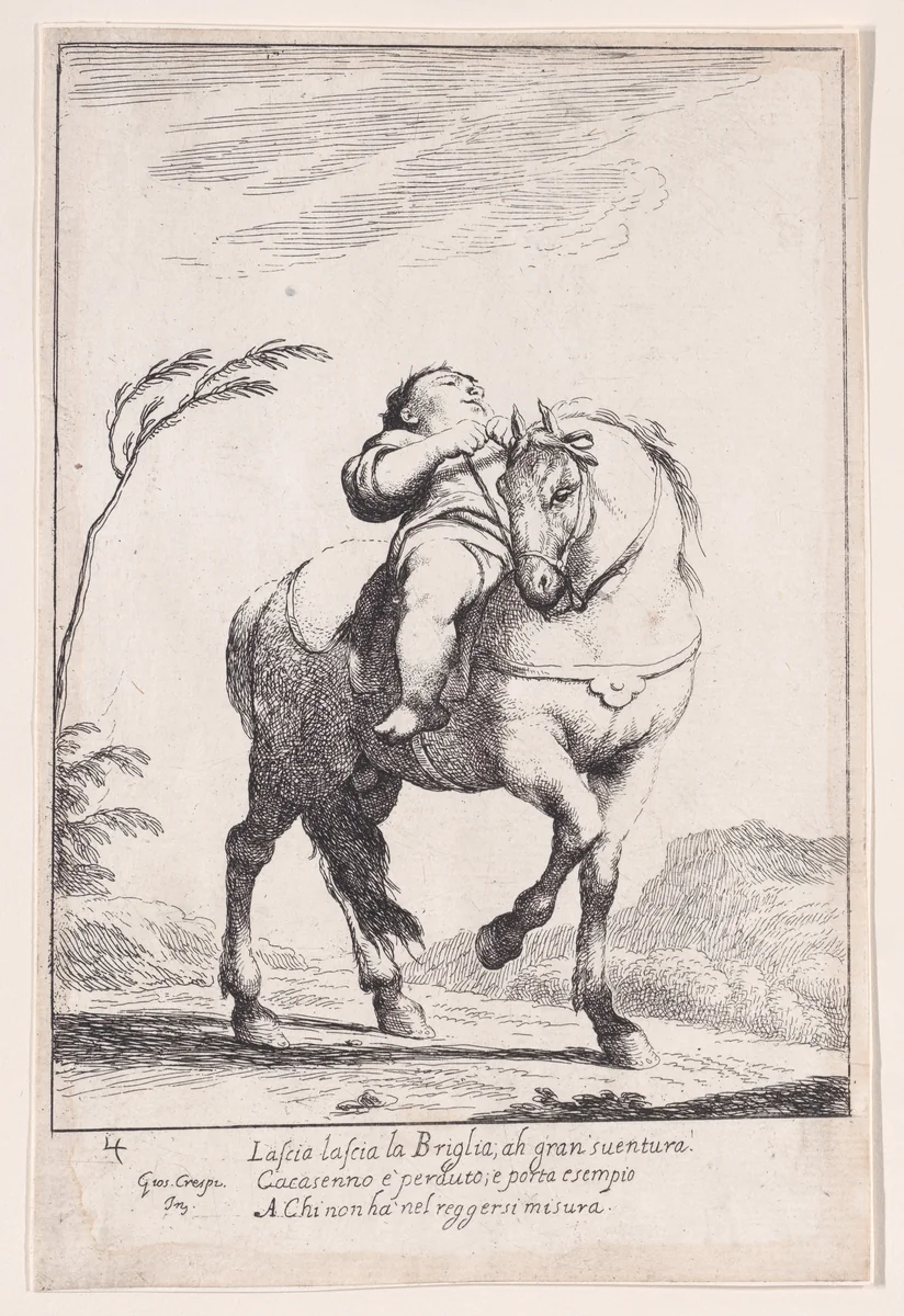Plate 18: Cacasenno on horseback, from "Bertoldo, Bertoldino, and Cacasenno" by Giuseppe Maria Crespi, print, 1705-1715