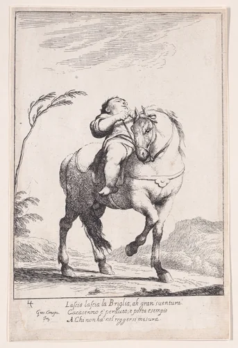 Plate 18: Cacasenno on horseback, from "Bertoldo, Bertoldino, and Cacasenno" by Giuseppe Maria Crespi, print, 1705-1715