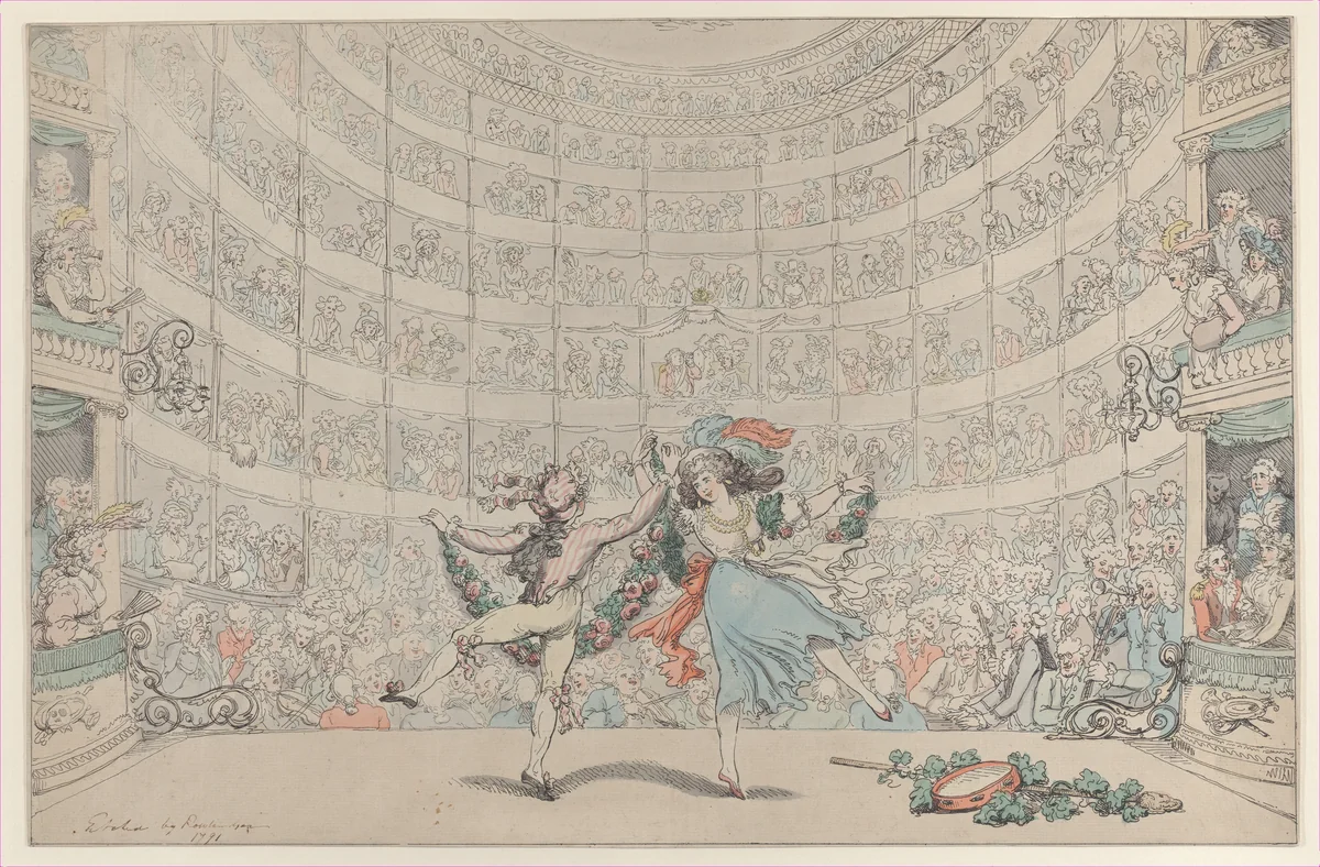 The Prospect Before Us, Respectfully dedicated to those Singers, Dancers, & Musical Professors, who are fortunately engaged with the Proprietor of the Kings Theatre, at the Pantheon by Thomas Rowlandson, print, 1791
