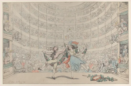 The Prospect Before Us, Respectfully dedicated to those Singers, Dancers, & Musical Professors, who are fortunately engaged with the Proprietor of the Kings Theatre, at the Pantheon by Thomas Rowlandson, print, 1791