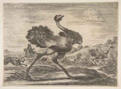 Ostrich hunt, from 'Animal hunts' (Chasses à différents animaux) by Stefano della Bella, print, 1649-1659
