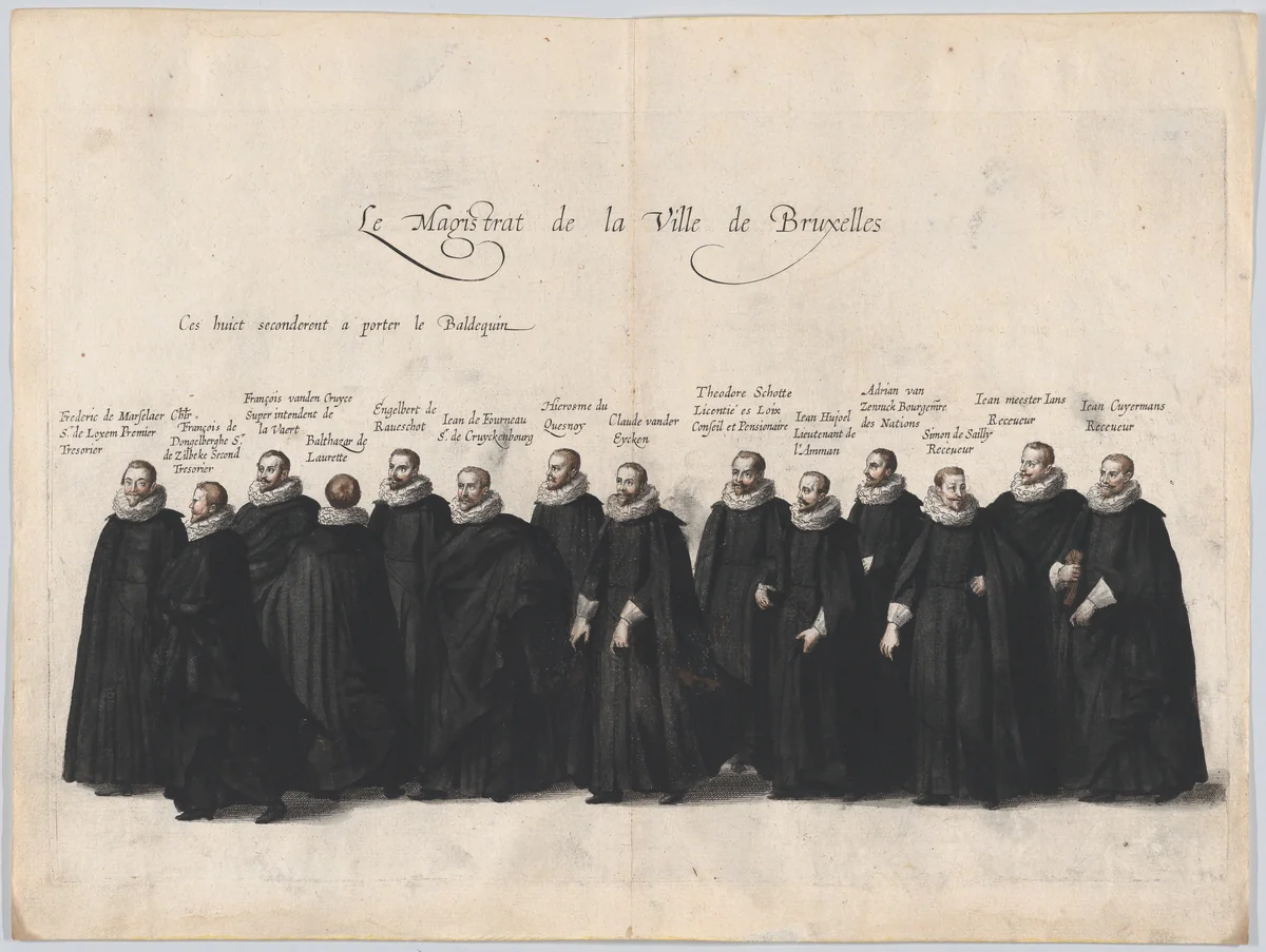 Plate 63: The magistrates of the city of Brussels marching in the funeral procession of Archduke Albert of Austria; from 'Pompa Funebris ... Alberti Pii' by Cornelis Galle, print, 1623