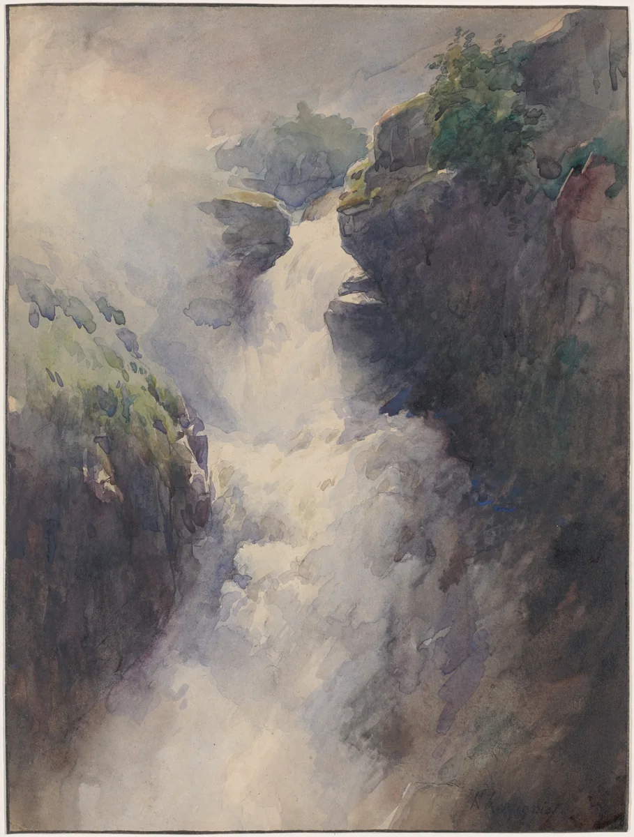 A Cascade in the Mountains by Henri Joseph Harpignies, drawing, 1870-1879