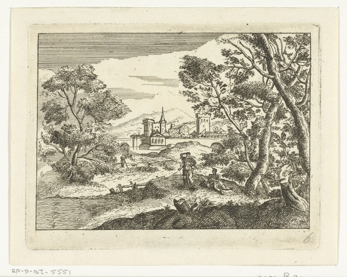 Landschap met man, vrouw en stadsgezicht by anonymous, print, 1648-1755