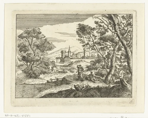 Landschap met man, vrouw en stadsgezicht by anonymous, print, 1648-1755