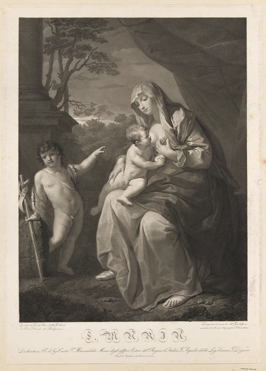 The Virgin suckling the infant Christ, the young Saint John the Baptist standing at left, after Reni by Mauro Gandolfi, print, 1812