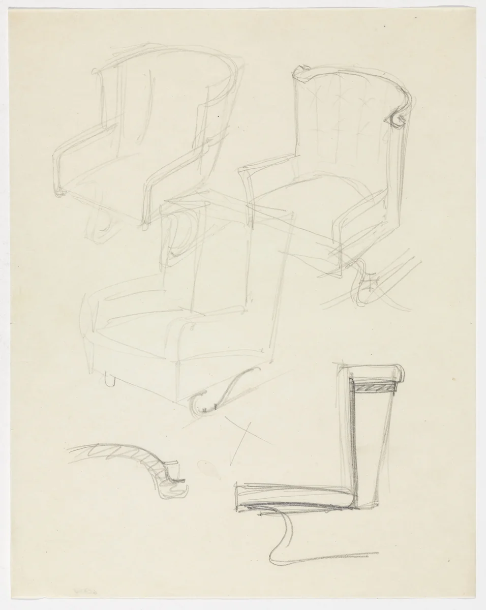 Chair with Arms. Chair without Arms. (Perspective sketches, elevation sketch and detail elevation sketch) by Ludwig Mies van der Rohe, mies van der rohe archive, 1926