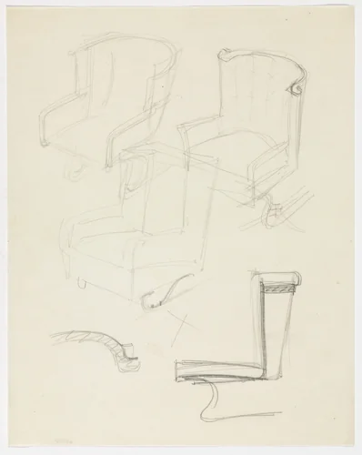 Chair with Arms. Chair without Arms. (Perspective sketches, elevation sketch and detail elevation sketch) by Ludwig Mies van der Rohe, mies van der rohe archive, 1926