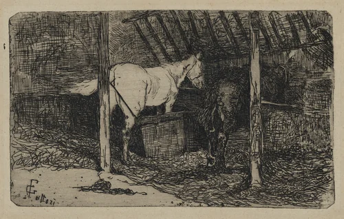 Interior of a Stable with Horses (Interno di stalla con cavalli) by Giovanni Fattori, print, 1885