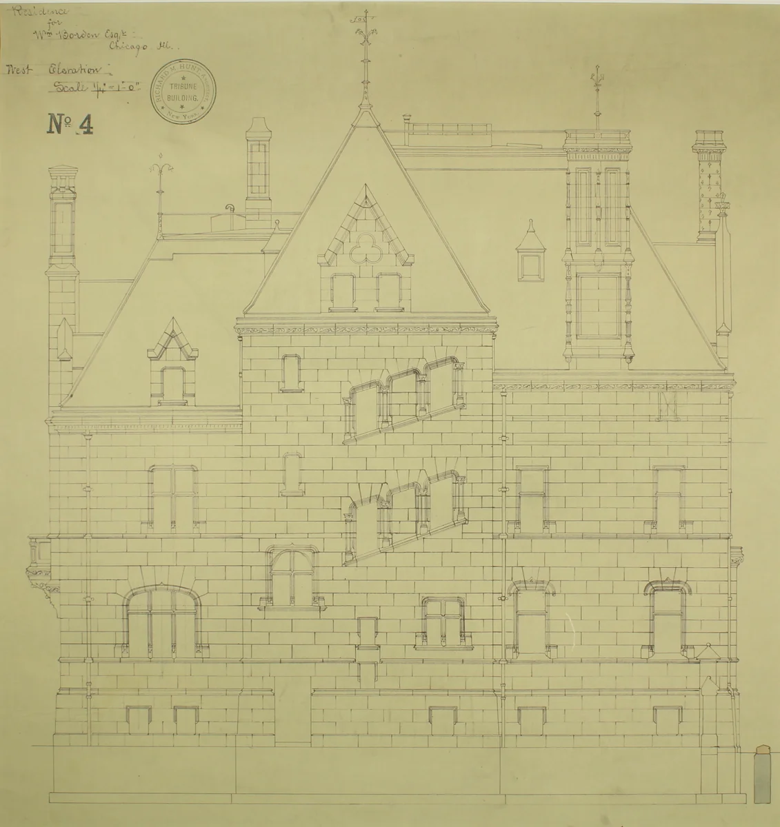 William Borden Residence, Chicago, Illinois, West Elevation by Richard Morris Hunt, drawing, 1885