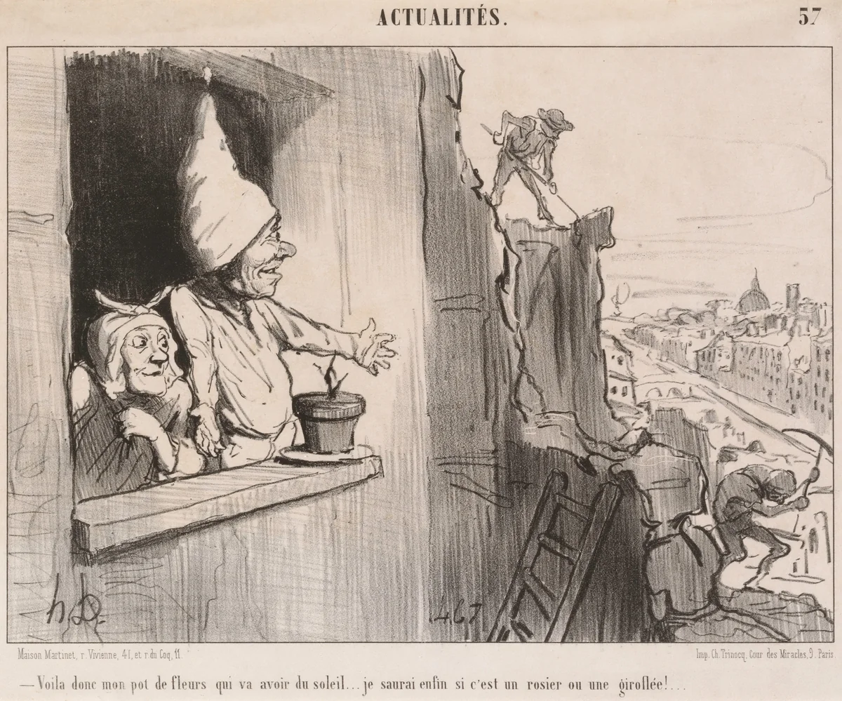 Voila... mon pot de fleurs... va avoir du soleil... by Honoré Daumier, print, 1852