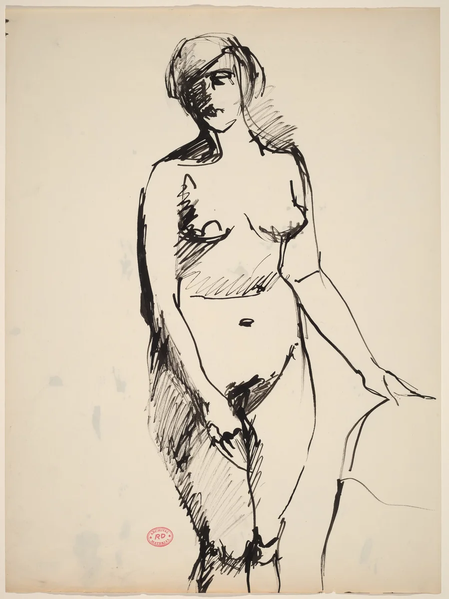 Untitled [standing nude with her her left hand on a support] by Richard Diebenkorn, drawing, 1955-1967
