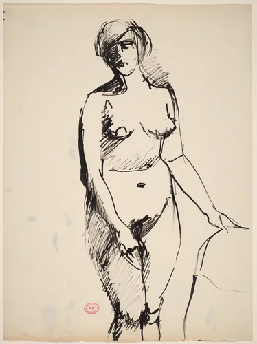 Untitled [standing nude with her her left hand on a support] by Richard Diebenkorn, drawing, 1955-1967