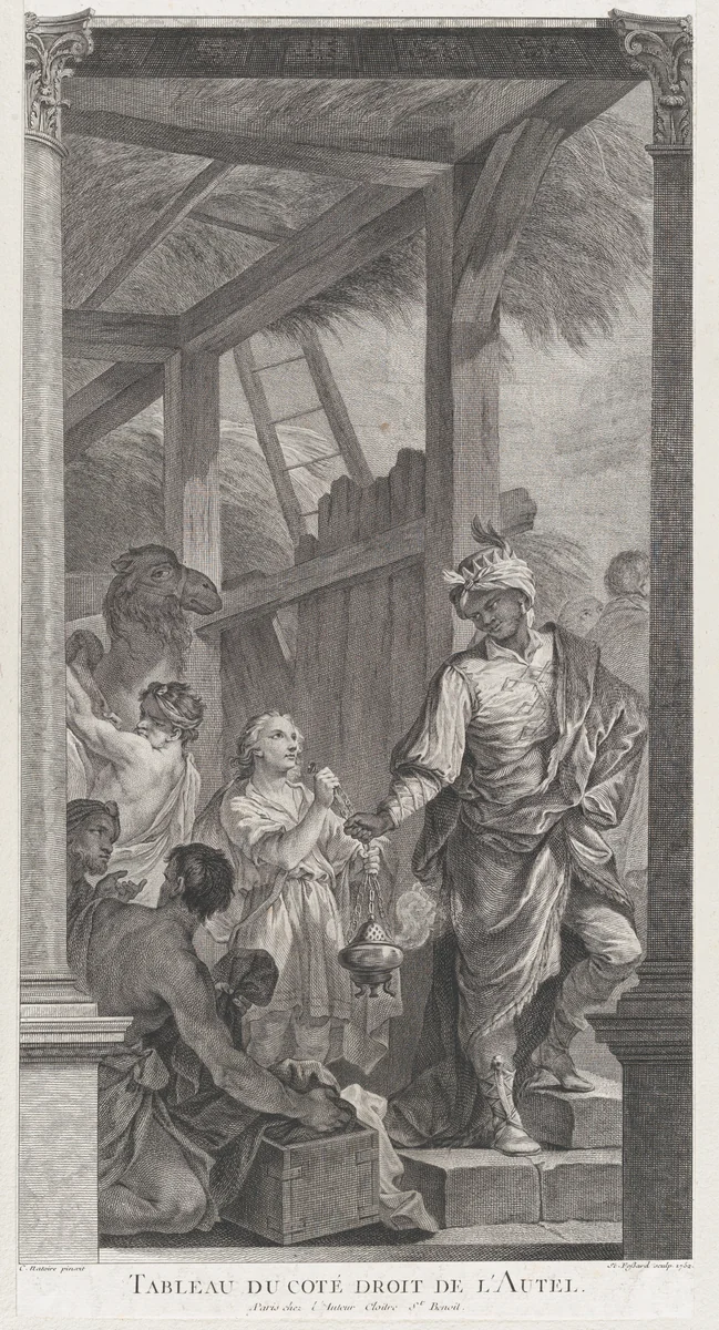 The Chapel of the Enfants-Trouvés in Paris: Le Roi mage Balthazar et sa suite by Etienne Fessard, print, 1752