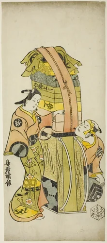 The Actors Ichikawa Danjuro II as Kamada Matahachi and Ichikawa Monnosuke I as Hisamatsu in the play "Osome Hisamatsu Shinju Tamoto no Shirashibori," performed at the Morita Theater, 1720 by Torii Kiyonobu I (鳥居 清信), print, 1720