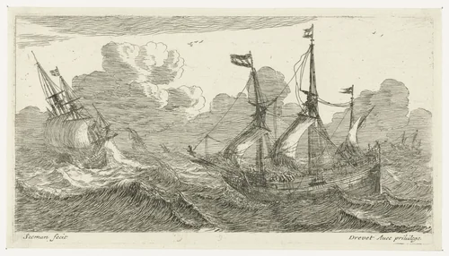 Zeilschepen op ruige zee by anonymous, print, 1650-1738
