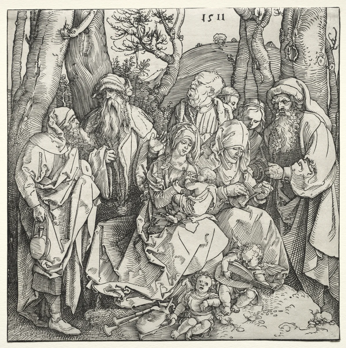 The Holy Family with Two Musician Angels by Albrecht Dürer, print, 1511
