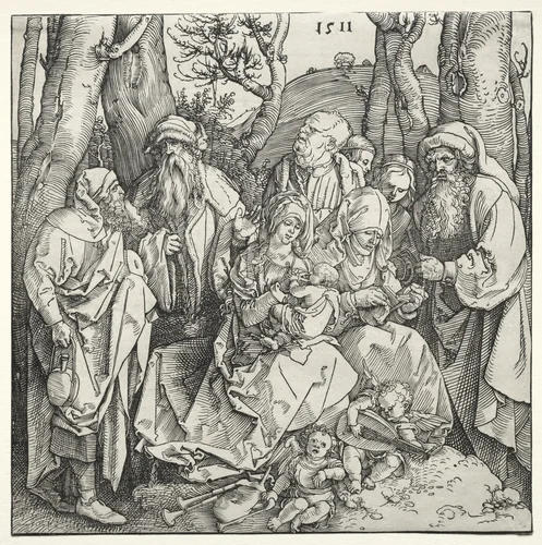 The Holy Family with Two Musician Angels by Albrecht Dürer, print, 1511
