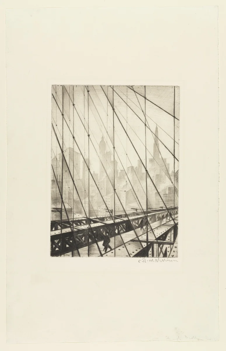 Looking Through Brooklyn Bridge by Christopher Richard Wynne Nevinson, print, 1919