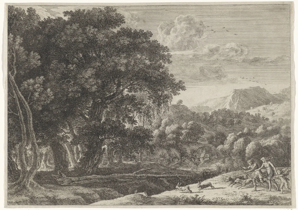 Venus en Adonis op jacht by Herman van Swanevelt, print, 1654