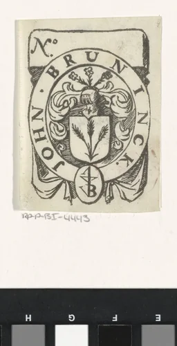 Handelsetiket van John Brunick by anonymous, print, 1681-1740