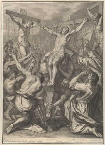 Christ on Raised on the Cross, from The Passion of Christ, plate 19 by Grégoire Huret, print, 1664
