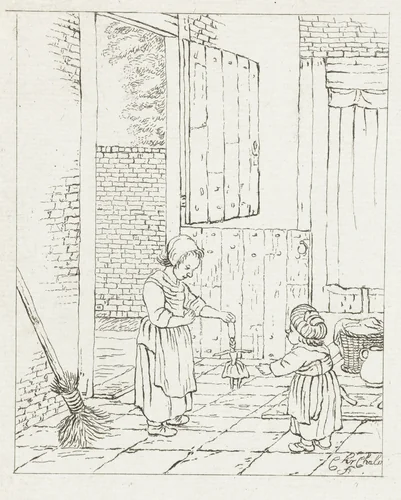 Twee meisjes spelend met een pop by Pieter de Mare, print, 1779