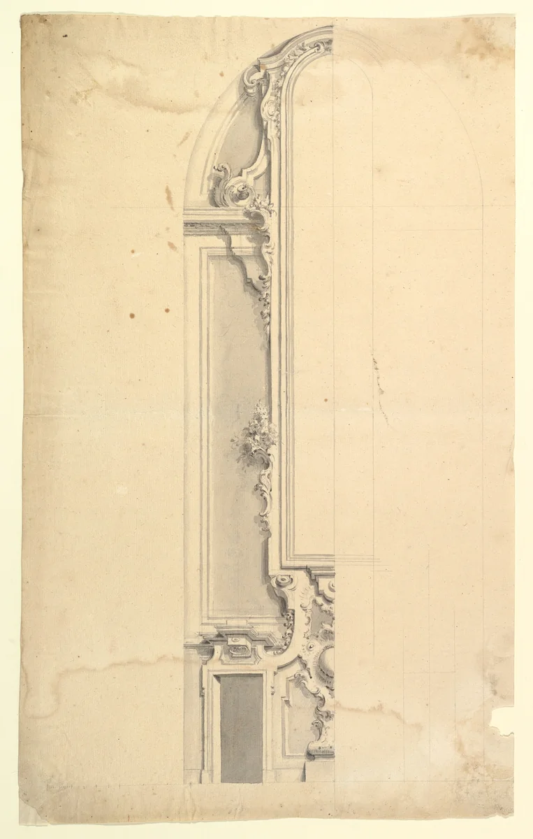 Design for Wall Decoration with Doors on both Sides of a Tall and Narrow Frame by anonymous, drawing, 1700-1780