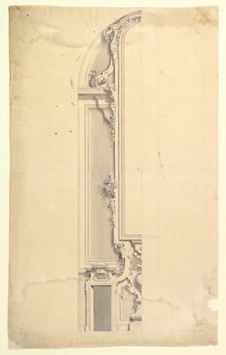 Design for Wall Decoration with Doors on both Sides of a Tall and Narrow Frame by anonymous, drawing, 1700-1780
