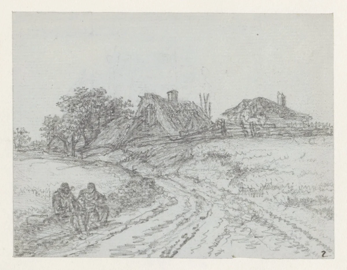 Landweg naar een boerderij; links twee zittende boeren by Georges Michel, drawing, 1773-1843