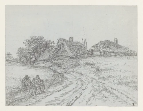 Landweg naar een boerderij; links twee zittende boeren by Georges Michel, drawing, 1773-1843