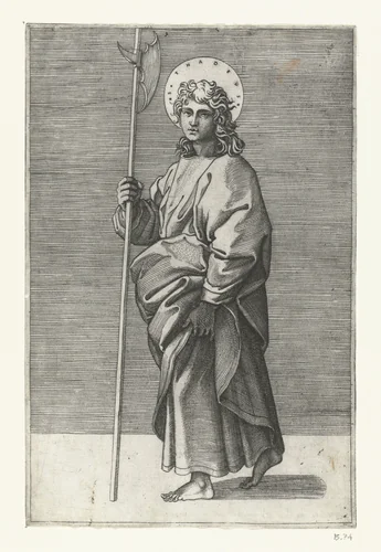 Apostel Judas Taddeüs met hellebaard by Marcantonio Raimondi, print, 1517-1527