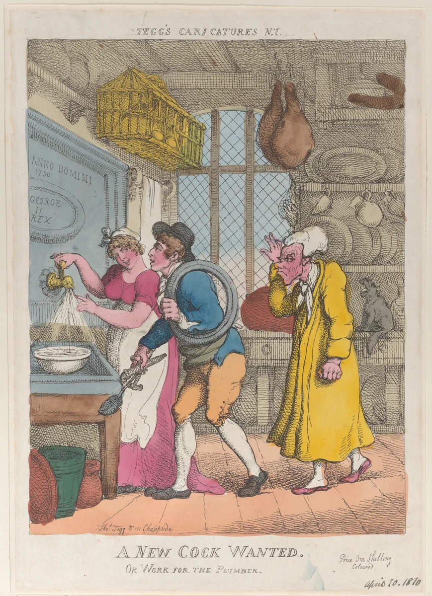 A New Cock Wanted, or Work for the Plumber by Thomas Rowlandson, print, 1810