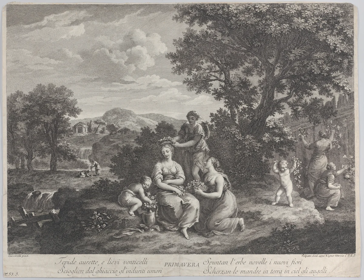 Primavera, a group of women collecting flowers and making crowns from them by Giovanni Volpato, print, 1759-1769