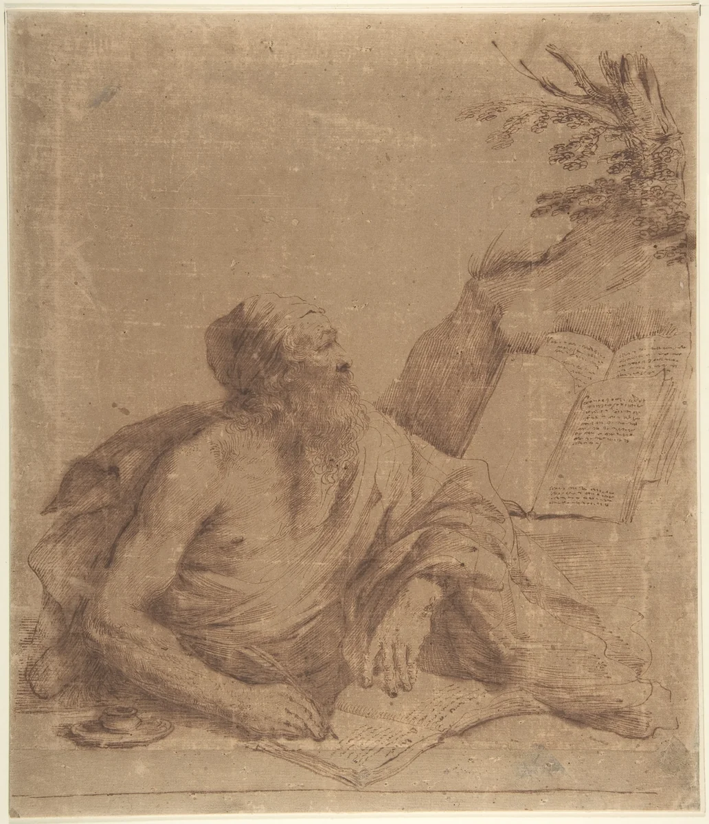 Saint Jerome Writing by Guercino, drawing, 1591-1666