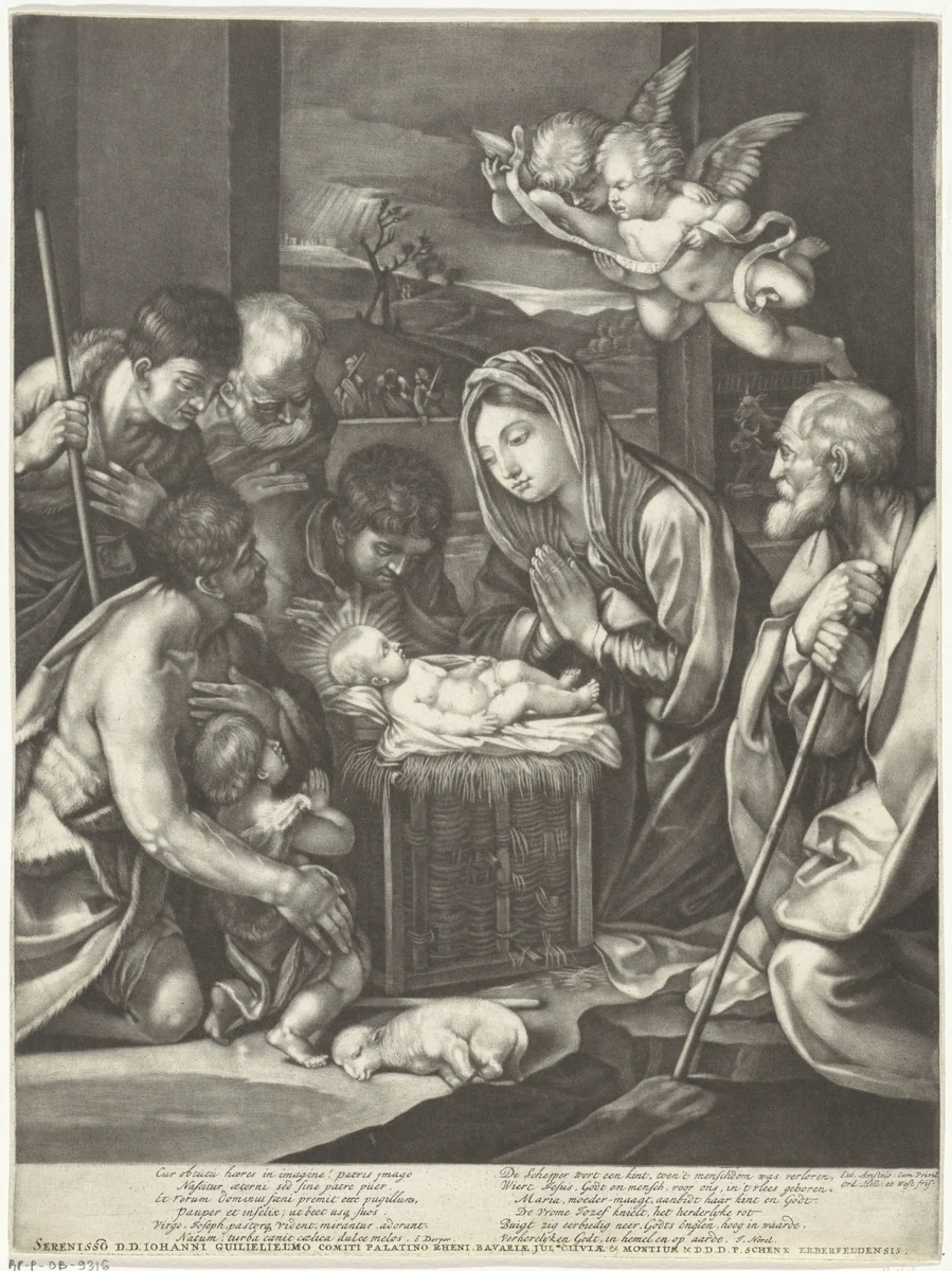 Aanbidding der herders by anonymous, print, 1680-1713