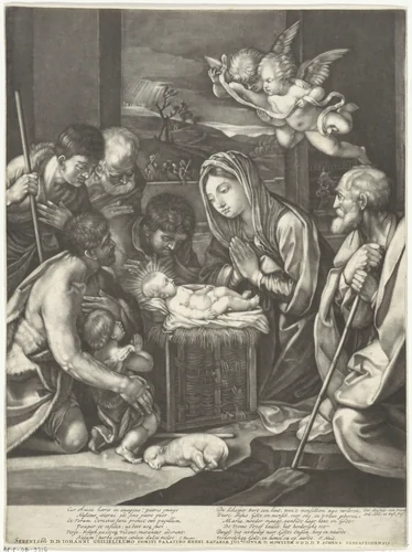 Aanbidding der herders by anonymous, print, 1680-1713
