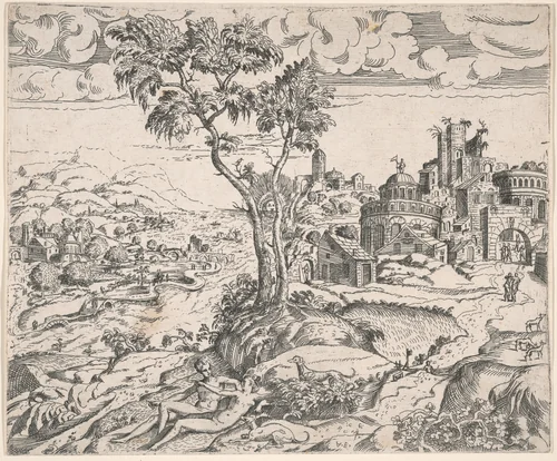 Imaginary Landscape with an Amorous Couple by Angelo Falconetto, print, 1560-1569