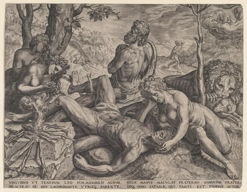 Adam and Eve Lamenting the Death of Abel by Cornelis Cort, print, 1564