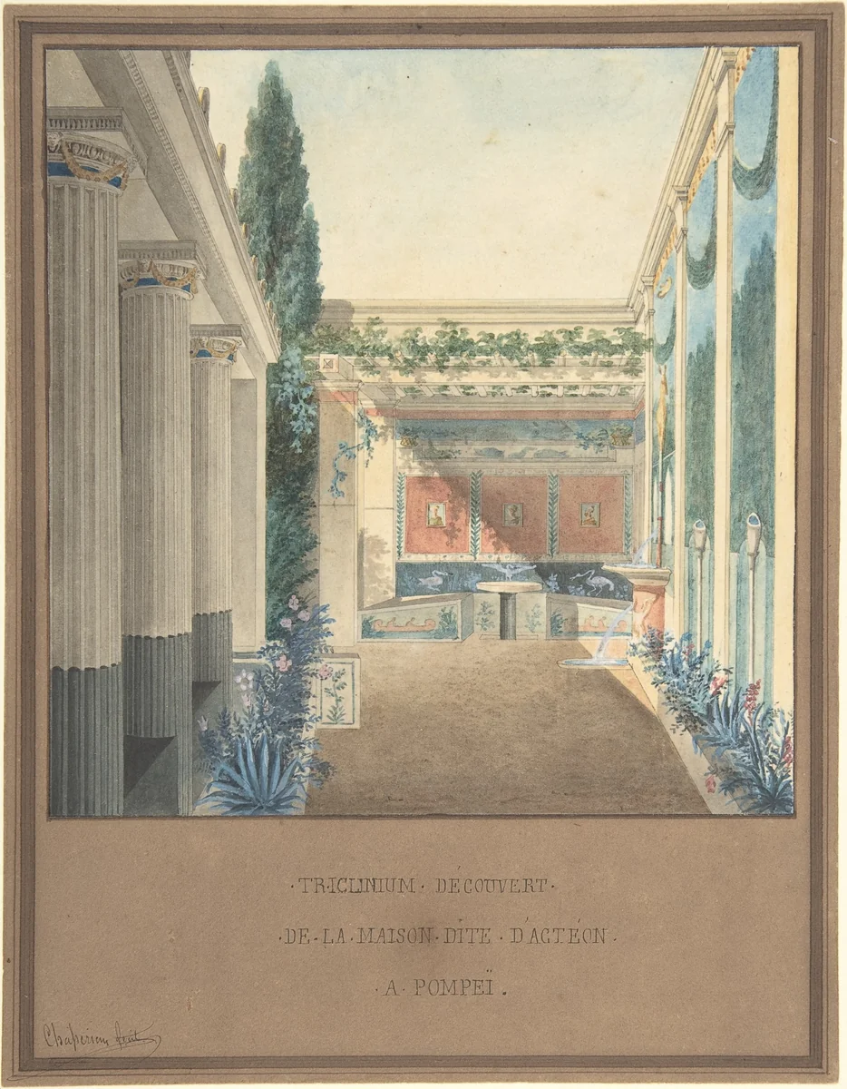 Triclinium, Excavated in the House of Actaeon, Pompeii by Charles Frédéric Chassériau, drawing, 1819-1829